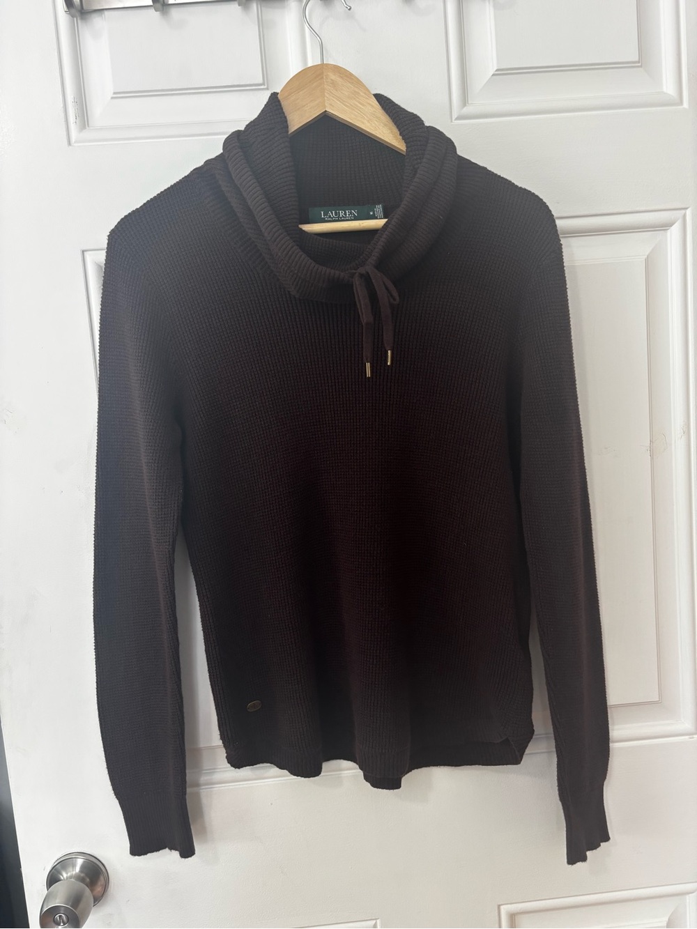 Lauren Ralph Lauren brown cozy waffle knit cowl neck long sleeve med cotton